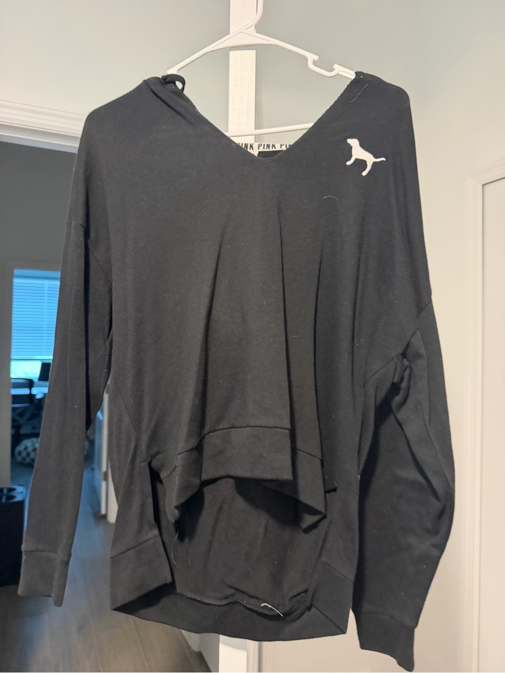 VS PINK Black V-Neck Knit Pullover with Dog Logo and Micro Shorts Set